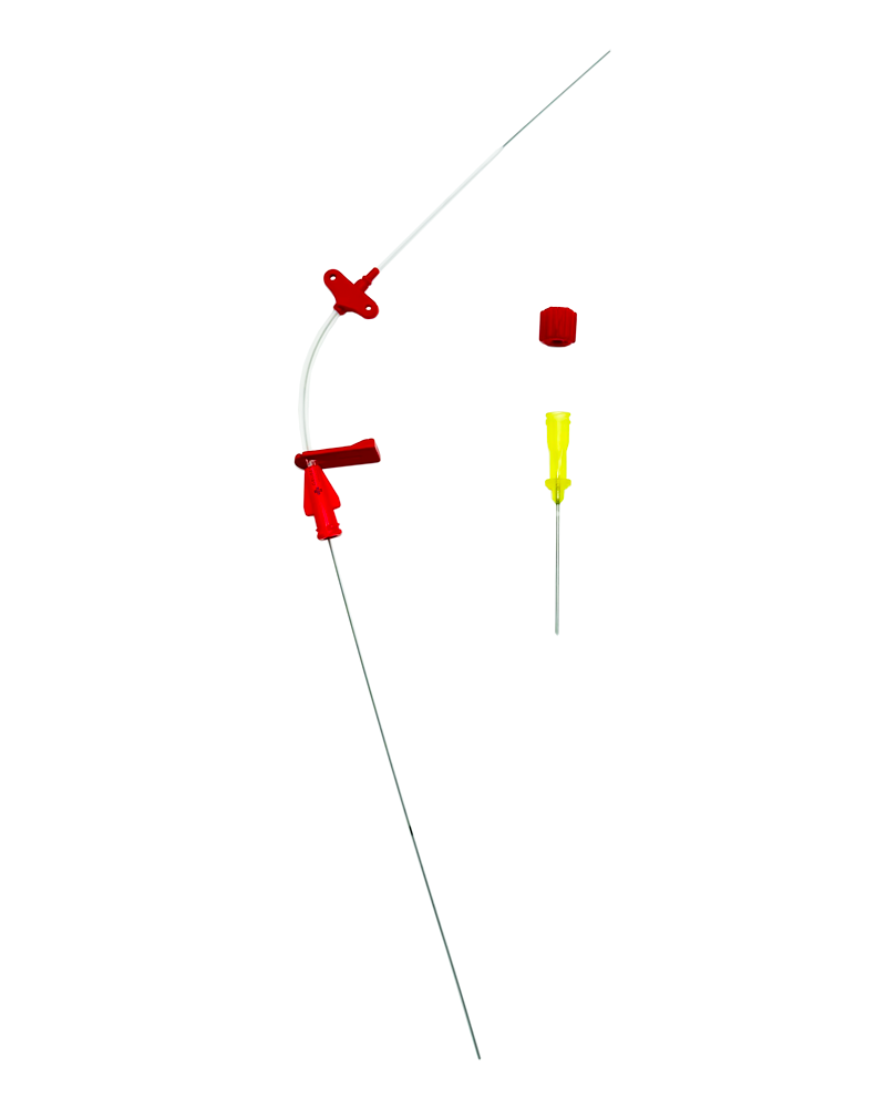 Set con Catéter Arterial hidrófilico, de Poliéter Amida, con alas de estabilización, aguja introductora y guía con punta blanda de 20Ga x 5 cm.
